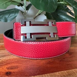 New Moderno Leather Reversible Red Black Belt 34–36 Silver Buckle